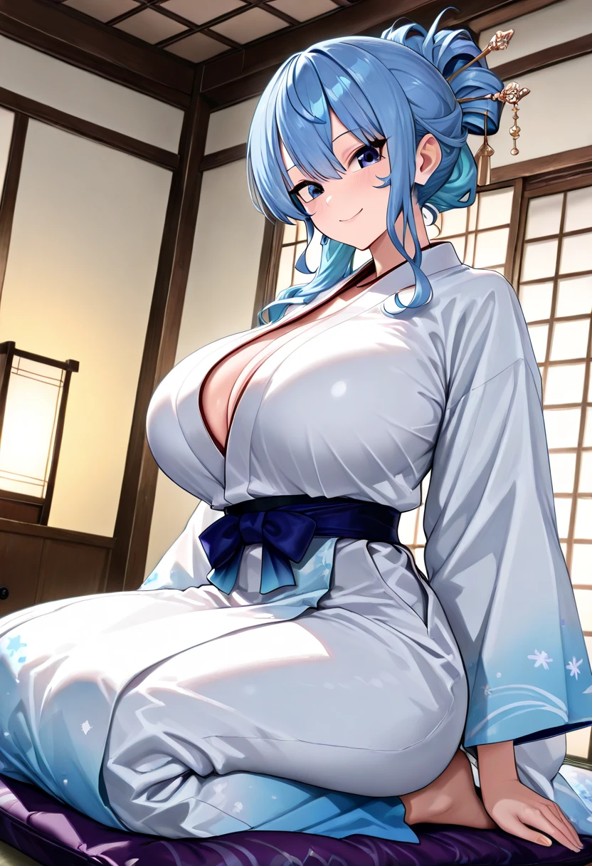 intricate detailed, detailed skin, detailed hair, 1girl,  huge breasts, rimless eyewear, cowboy shot, sitting on zabuton, tatami, Japanese style room, yukata ,