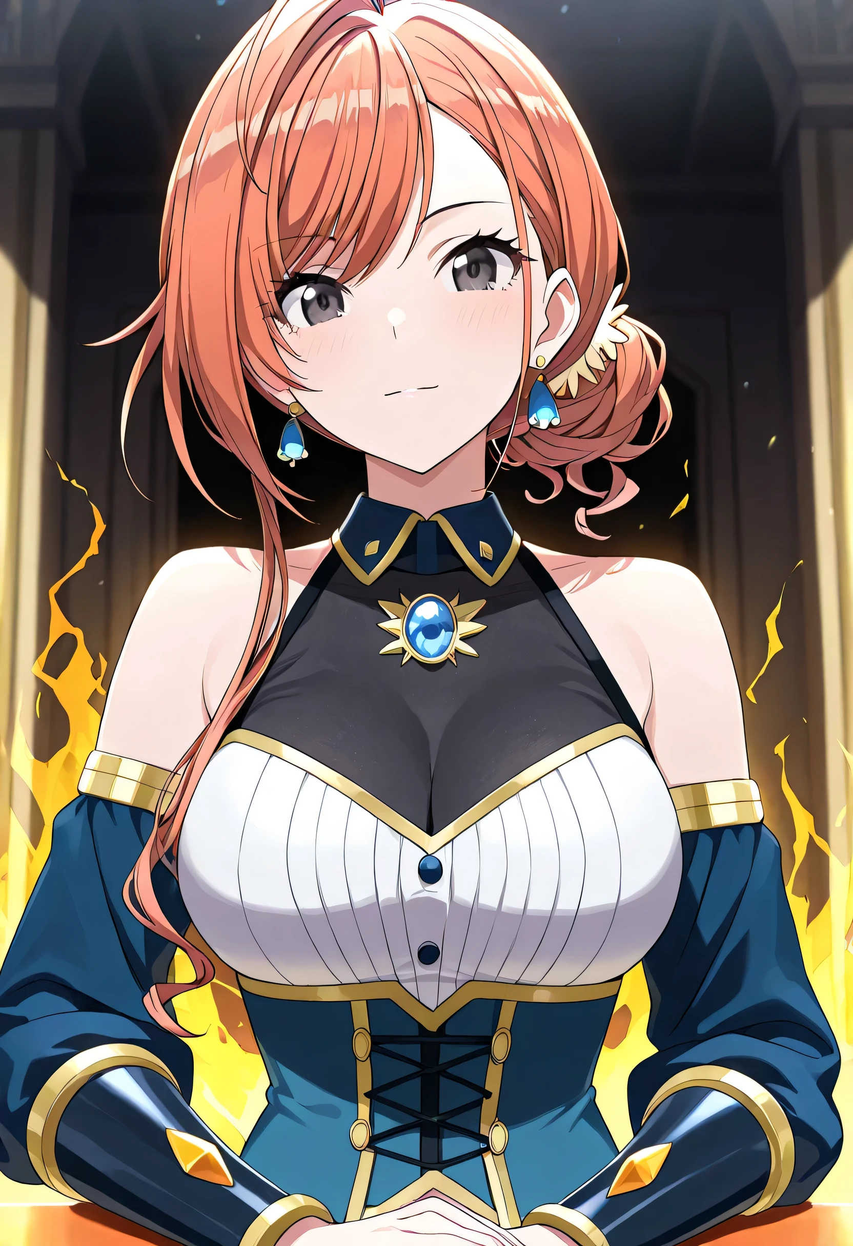 (masterpiece),(best quality),(ultra-detailed),(best illustration),(best shadow),(absurdres),(detailed background),(very aesthetic),arisugawa natsuha, 1girl, solo, orange hair, short hair, ahoge, swept bangs, black eyes, large breasts,anime screencap,Upper body of a sharp, noble idol costume inspired by Lucario from Pokémon, designed for a confident and hardworking idol like Natsuha Arisugawa. The top is a sleek steel-blue corset with golden accents and a subtle fur lining around the collar, evoking Lucario’s aura. The shoulders are adorned with angular armor-style plates resembling Lucario’s spike bracers. A black cravat with a blue gem brooch sits at the neck. Her sleeves are fitted and patterned with faint waveforms, suggesting her aura-sensing abilities. Her expression is proud and focused, embodying the spirit of a warrior idol."
