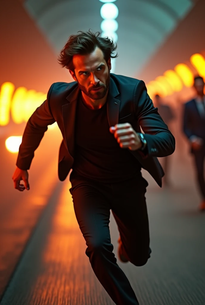 Masterpiece、Highest quality、Super fine、Fine、High resolution、Perfect dynamic composition、Detailed muscles、Abdominal muscles、Pectoral muscle、Realistic、Hunter on the run、sunglasses、Naked and in a black suit、Chase scene in "Run for Money"、Thick chest and belly hair
