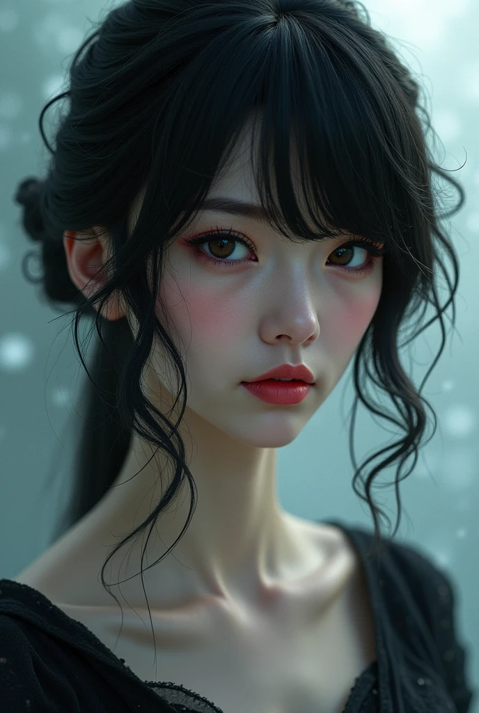 "editorial photography,super detailed background,Super realistic,double exposure,depth of field,beauty cute super slender skinny vides,soft_focus tone,narrative scene,very many kanji_poetry_tattoo arranged vertically,super long hair,brutal_gaze,blunt_bangs,jade_elongated_eyes,pure_white_skin,abs,arm up,NSFW,navel,knees,lean against the wall,pubic_hair,