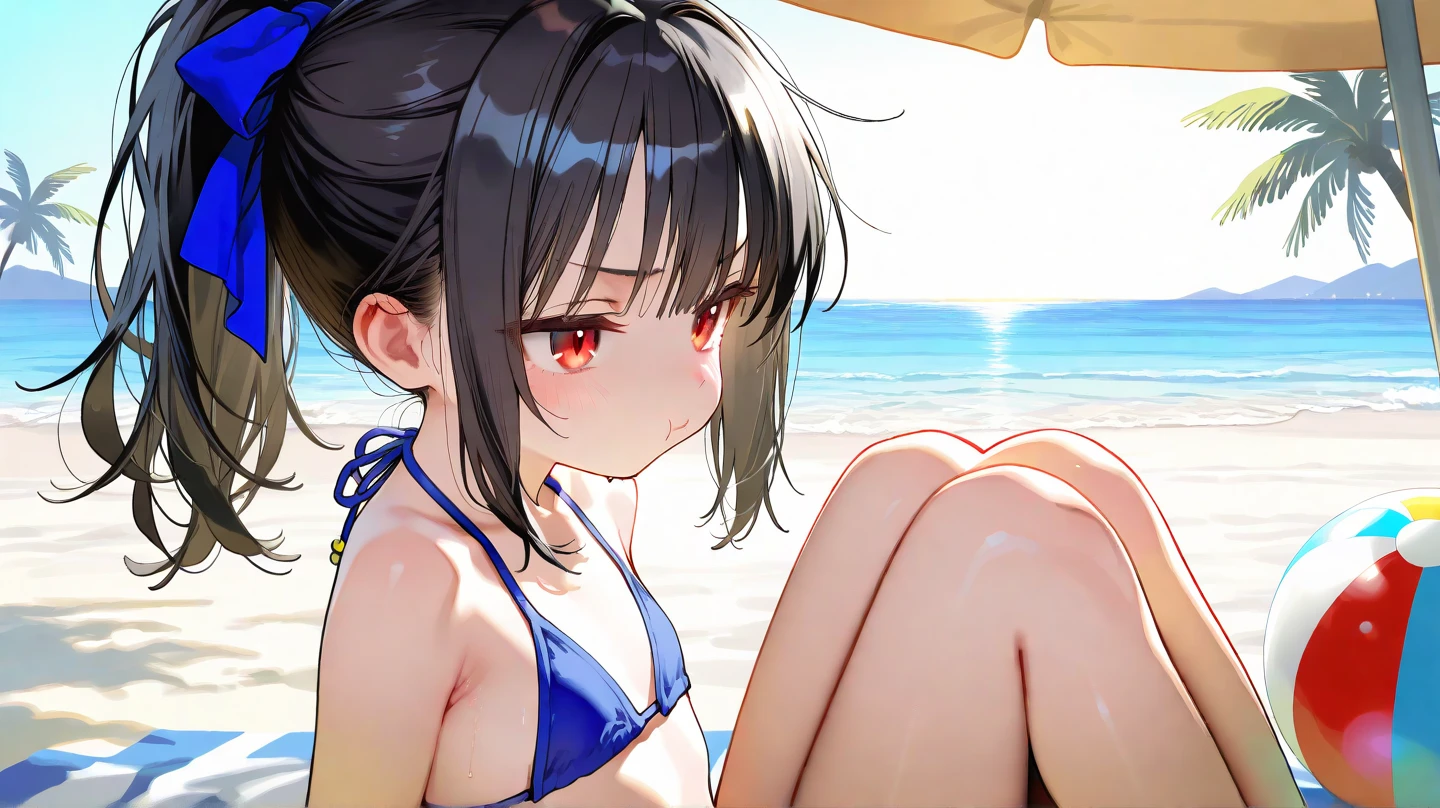 Criar uma obra de arte do personagem Miyu Edelfelt, wearing a white bikini, na praia, corpo molhado, belly and navel on display, seios volumosos.