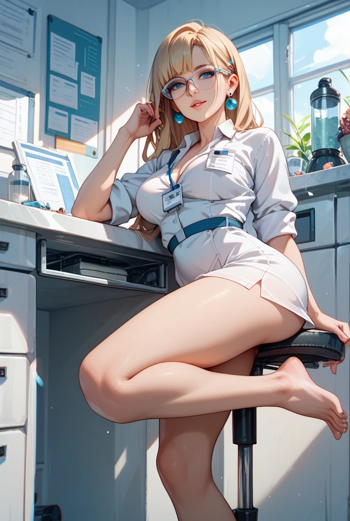(top-quality、in 8K、32K、masterpiece、nffsw、超A high resolution、Impresionismo、Photorealsitic:1.2)、shinny skin、Absolute area、Beautiful numbness、Curve、high detailing, top-quality, 超A high resolution, 1girl in, (Light pink hair、Manteau blanc、show the grinps、Laugh with fangs out:1.2), Long bangs、yellow eyes、length hair、middlebreasts, hospitals、houseplant、the power、A smile, Horns、red horns、(((Manteau blanc、Suits、Nurse Costume、Nurse hat)))、(((sit a chair、Put your feet on the desk、Have a smartphone、lean on the backrest)))