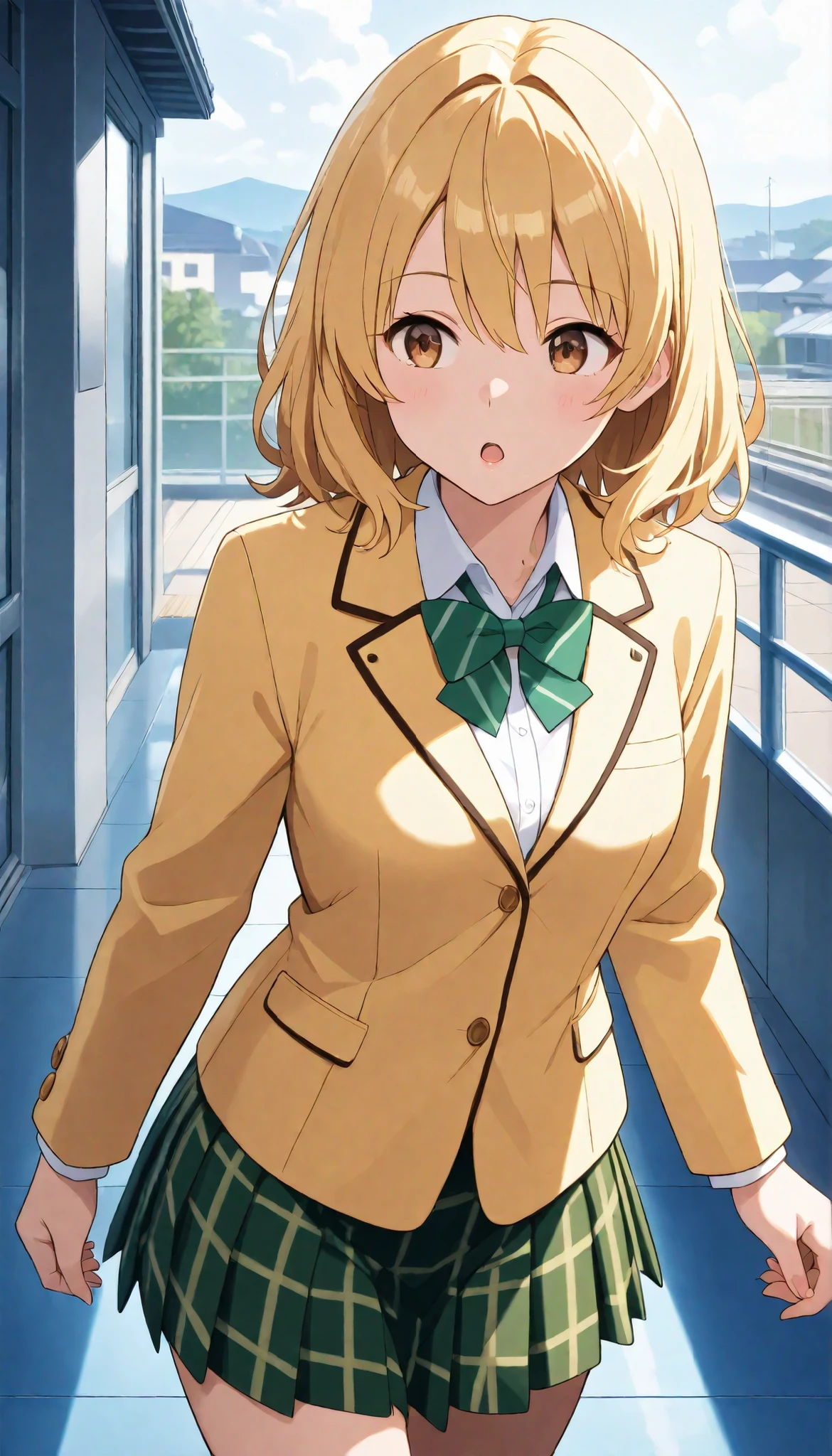masterpiece, best quality, highres, 1girl, solo, blonde medium hair, brown eyes, , green bowtie, blazer, yellow jacket, long sleeves, plaid skirt, green skirt, walking,cowboy shot,on school roof floor, glossy lips, open mouth ,