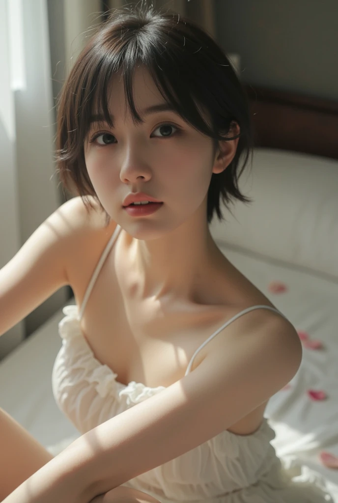 masterpiece:1.2, Very detailed, Ultra-high resolution, Realistic, photo Realistic:1.6, High-resolution RAW color photos, Professional photos, Sharp focus:1.2, Very detailed顔と肌の質感, Very beautiful eyes, Glossのある肌, Glowing Skin, Glowing Skin, Shining Face, Gloss, Oily skin, greasy face, Oily skin, greasy face,, real Glossのある肌 texture, Perfect Anatomy, Very detailed背景,(Office at night),1 female,25-year-old woman, Japanese women,height: 168cm,short hair, Straight hair, bangs, Brown Hair,((Flat Chest:1.6)),Slender legs, (White see-through sleeveless shirt),(A wet and very transparent shirt:1.5),(Sexy bra visible through shirt:1.6),Earrings、