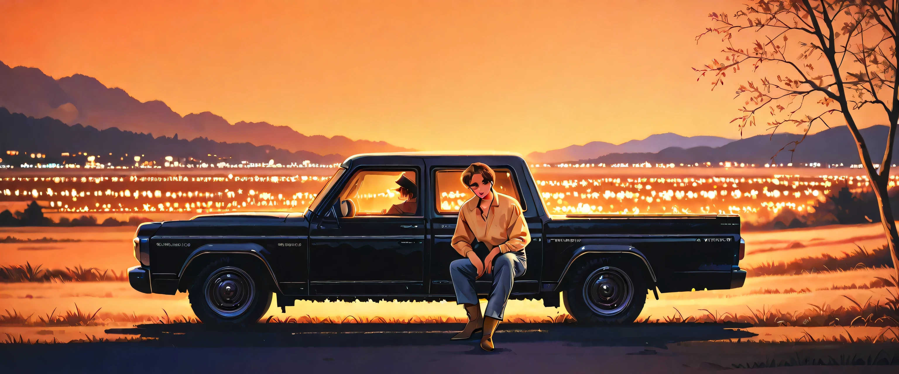 Retro-style country album cover, a young rugged man in jeans and cowboy boots leaning against a vintage Silverado truck at sunset, soft golden hour light, open fields in the background, romantic and nostalgic atmosphere, warm tones, southern Americana vibe, cinematic look