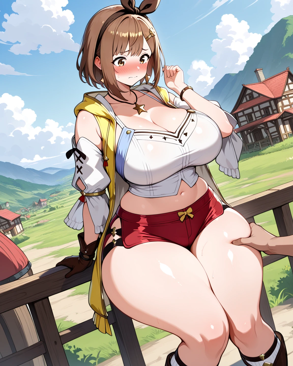 ((anime:1.45)),((best quality)), ((highly detailed)),(((sketch:))) extremely detailed face, beautiful face,((1girl)),((solo)),(shiny skin),((cowboy shot:1.25)),(looking at viewer), riza, brown hair, single glove, ((thighhighs,white thighhighs:1.15)) ((light brown eyes:1.5)), red shorts, jewelry, belt, hat, white headwear, necklace, yellow jacket, hair ornament, short hair, brown glove, shirt((huge breasts:1.12)),,((hanging breasts:1.25)),nsfw, (((bottomless:1.45))),((cleavage:1.15)),(curvy:1.05),(wide hip:1.05),((thick thighs:1.15)),((pussy:1.35)),((outdoors:1.25)),,,((park,bench:1.5)),((sitting:)),((sit on bench:1.35)),((nose blush:1.35)),(happy,smile:1.15),closed mouth,BREAK ((brown boots)),((thigh boots:1.35)),(arm behind back)