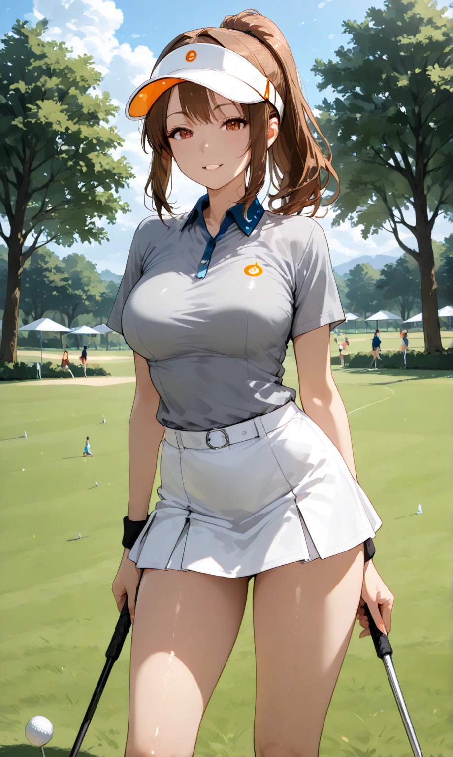mastute piece,Best Quality,insanely detailed,8k cg,nsfw,
(shoot upper body:1.3),
(1girls:1.3),standing,looking at viewr,body in front,both arms behind back,(golf-wear:1.3,golf-cap),(bare breasts:1.1),(bare nipples:1.1),
break,
blush,shy,(ecstasy face),(trembling:1.2),break,(light orange hair:1.2),
break,
perfect breasts,perfect teats,(open mouth:0.9),(large breasts:1.2),
(golf-course)、