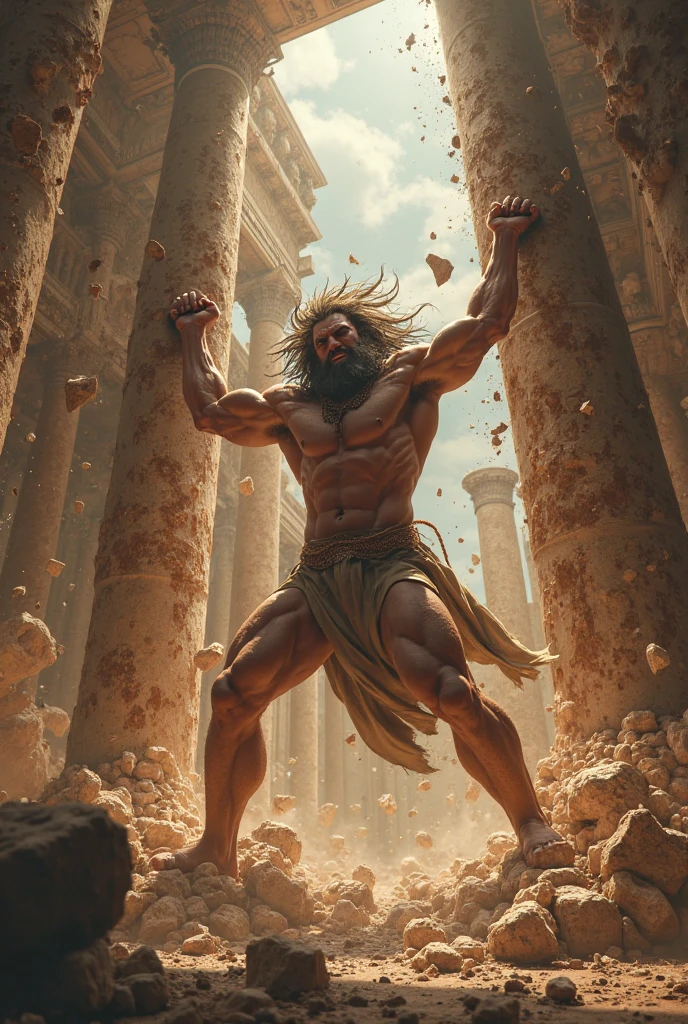 Depict Samson from the Bible as a towering, muscular figure with long, flowing hair cascading down his back, symbolizing his divine strength. He is standing between two massive stone pillars in a grand, ominous Philistine temple. His wrists are chained, and his eyes are blind, but his expression is one of intense resolve and anguish as he pushes against the pillars with all his might. The scene captures the moment before the temple collapses, with dramatic lighting highlighting Samson's form and the tension in his muscles. The background shows the ornate but crumbling interior of the temple, filled with oblivious Philistines, unaware of the imminent destruction. The atmosphere should be tense and dramatic, emphasizing the gravity of Samson's final act of strength and sacrifice.
