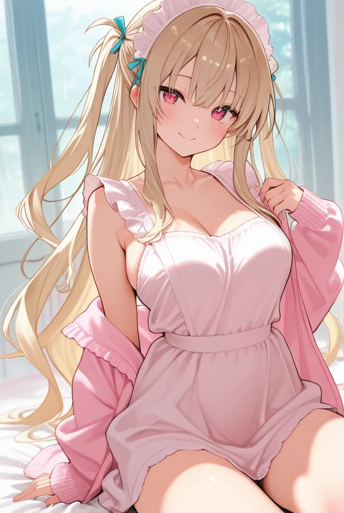 (masterpiece, top quality, super high quality, super high detail, beautiful hair, beautiful eyes, perfect face), girl's room, pretty white based room, morning sun coming through the window, white lace curtains, not wooden room, short twintails hair, blonde hair, very baby face, droopy eyes, heterochromia, pink eye, orange eye, very huge breasts, 145cm tall girl wearing only large pajamas, nothing on lower body, sitting on bed with one eye closed, right hand over mouth, left arm raised in a big tall yawn, very sleepy expression, munchy, half eye, Bare feet, thighs, sitting upright with legs open