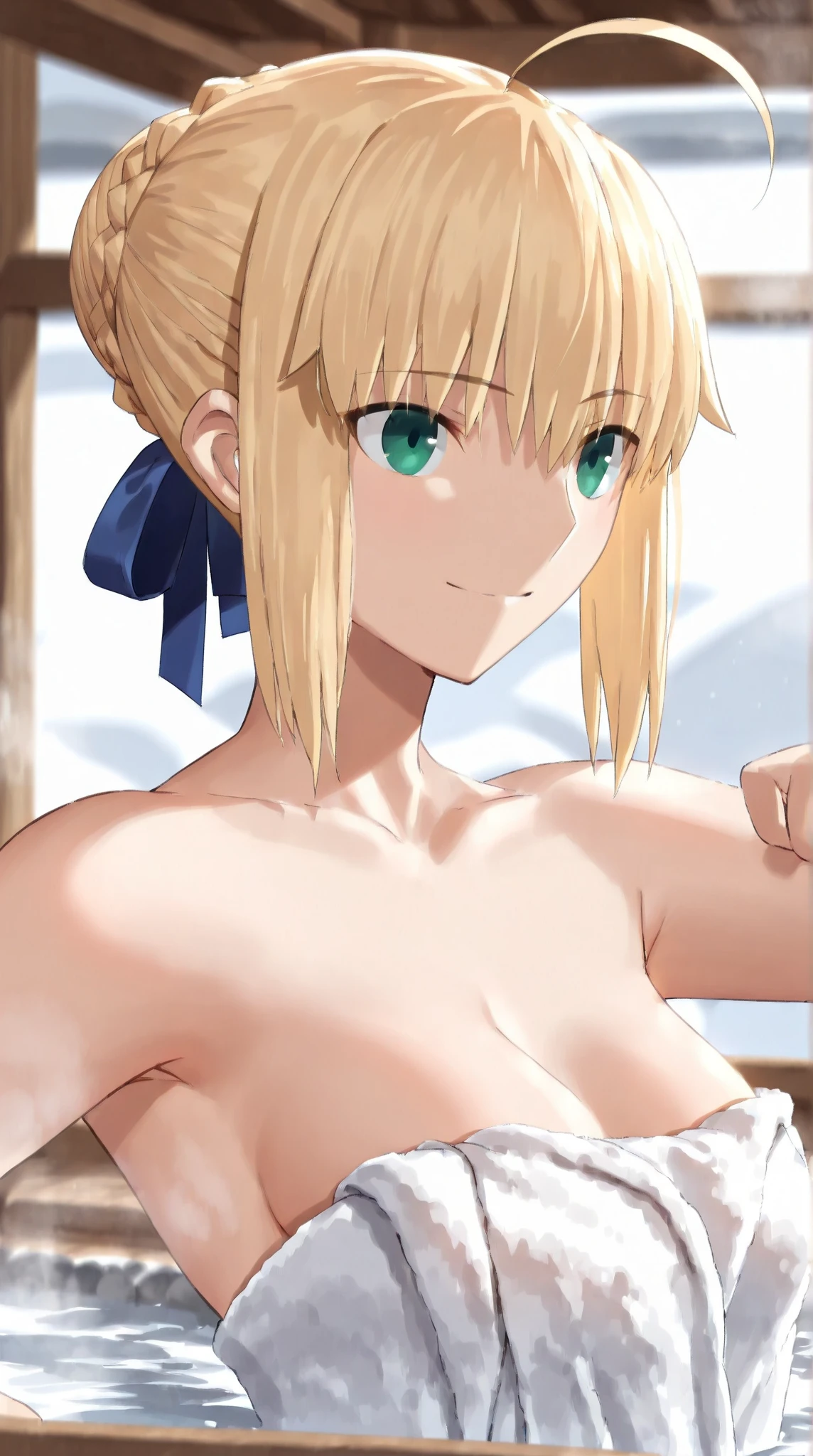 La mejor calidad, obra maestra,phSaber, phAltoria, 1girl, solamente, Trenza francesa, resplandeciente, Hair bun, parte superior del cuerpo, bikini negro, ojos verdes, cama