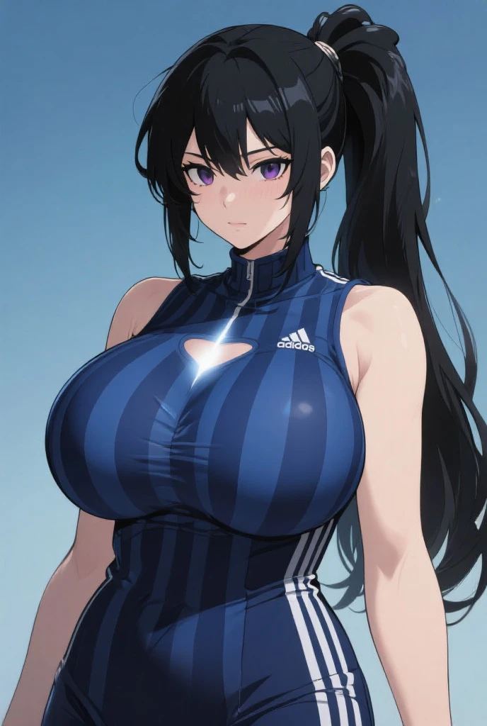 1 mature girl, beautiful face, blue eyes, red cheeks, smile, long straight hair, black hair, long bangs, seky body, colossal , overmany, big and droopy, big titietra, protruding nipples, wide hips, Sports uniform, sweating,