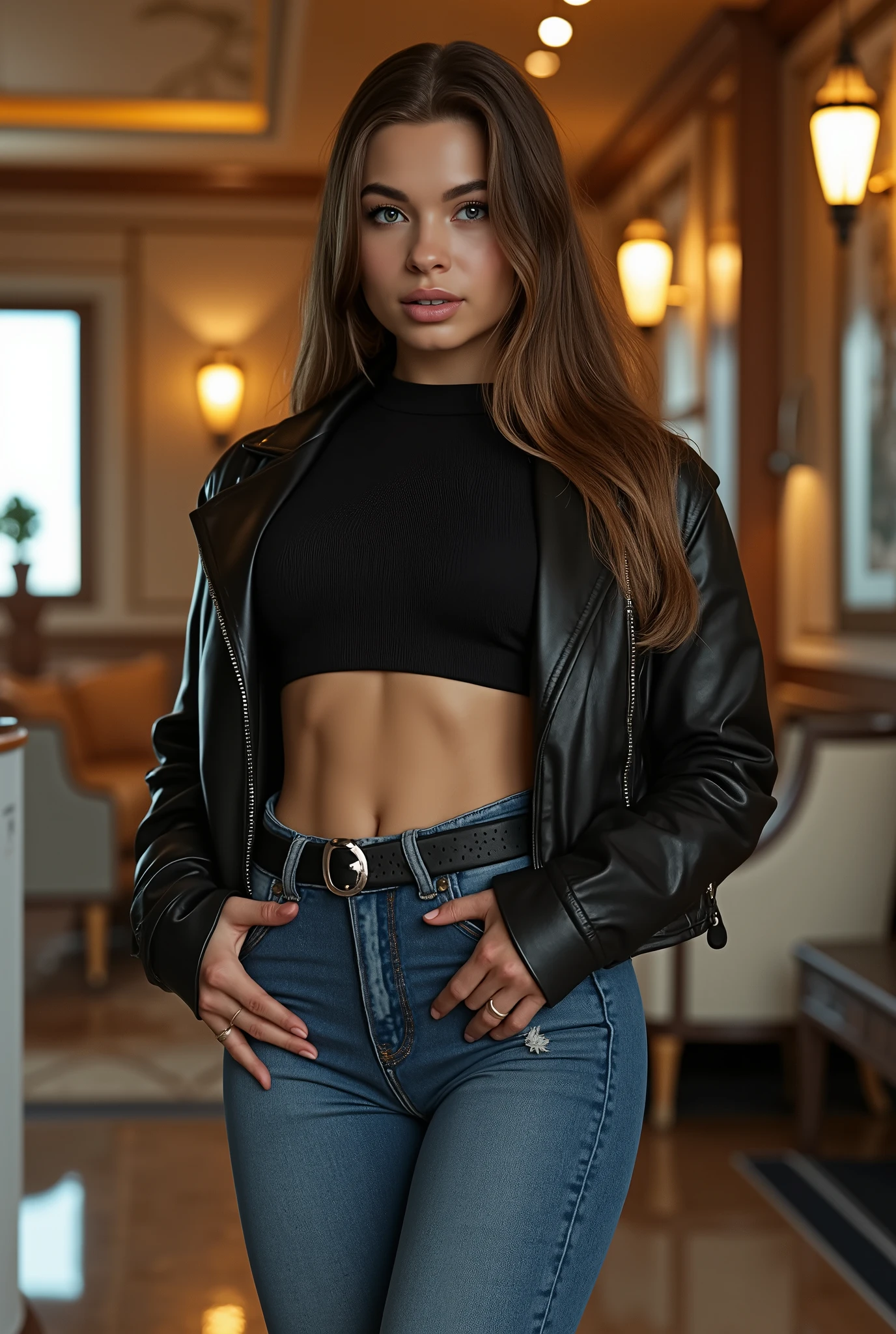 full body design , interrior , interriordesign Masterpiece , best quality , (highly detailed raw photo:1 . 2) , 8k render in octane , volumetric lighting , volumetric shadows portrait of a woman , (pasionate look) , jeans , leather jacket , pullover , walking in city
