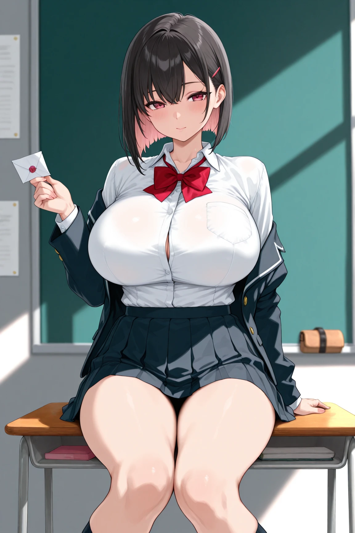 1girl, ((bowl cut hair)), black hair, black eyes, ((Large Breasts)), white blouse, collared shirt, long sleeve, ((red suspender skirt)), break, (((School classroom))), (((At dusk))), (((Lie down on the desk))), Upper Body, Dynamic Angle, (nose blush), break, ((vaginal, missionary, POV)), (((Vaginal,Sex))),(((Cum in pussy))), break, Shiny and smooth hair, ((Image Processing Algorithms:1.2)), break, Very detailed目, highest quality, Ultra HD, High resolution, Beautiful and vivid illustrations, High Contrast, Tonal correction, Ultra-realistic oily and shiny skin, Super quality, High resolution CG Unity 8K 壁紙, RAW Photos, Accurate Fingers, (((Perfect Anatomy))),(masterpiece:1.2) , (highest quality:1.2) , (Very detailed:1.2)