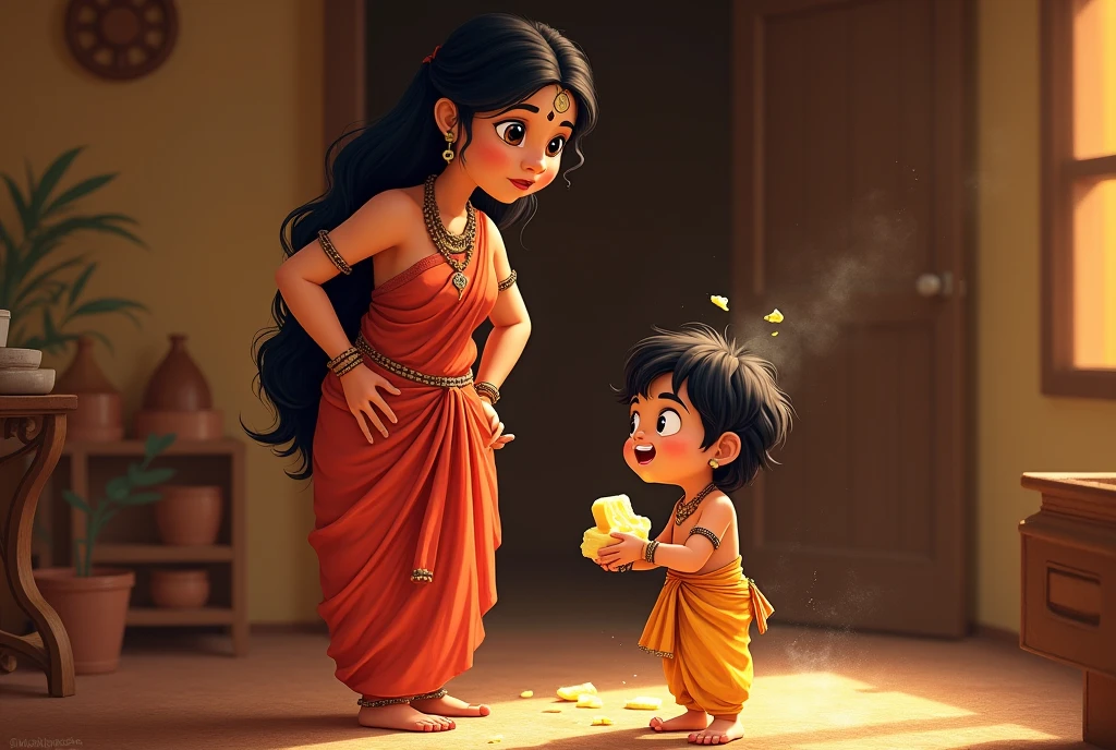 Hindu mother with two sons, create like animation with husband