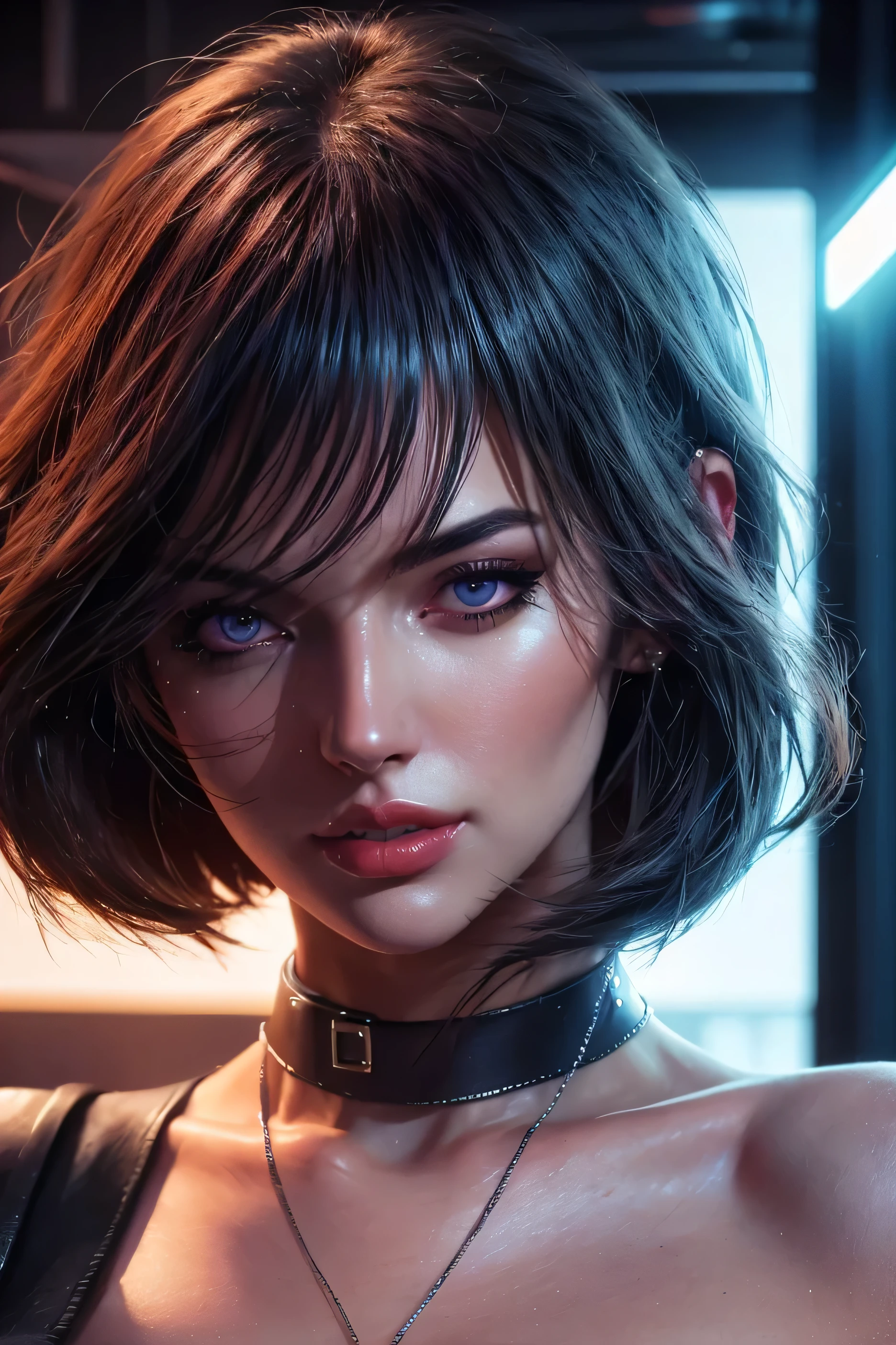 full-body portrait, 1girl, cyberpunk seductress, sensual pose, revealing futuristic outfit, detailed eyes, reflective eyes, captivating gaze, glossy skin, neon lights, indoor high-tech penthouse, holographic displays, metallic accents, (hyper-detailed, realistic:1.37), ultra quality, 8K, masterpiece, cinematic lighting, depth of field, soft shadows, bokeh, (by Greg Rutkowski:0.9), (style of Zdzisław Beksiński:0.8), trending on ArtStation