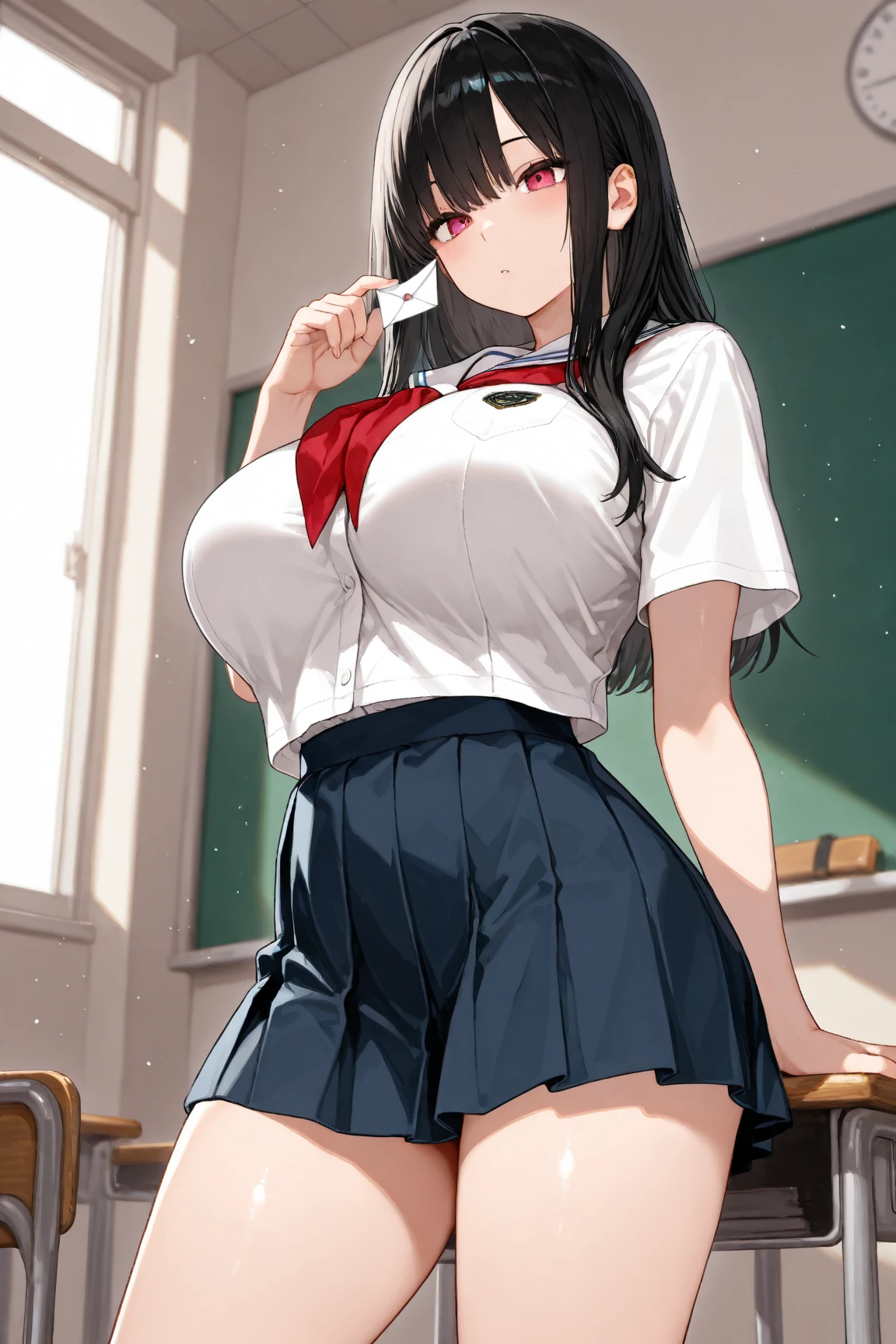 ((Tabletop, highest quality, hight res○luti○n, Hmph, Pixel perfect, 4K, Hmph, Hmph))), One Girl, single, s○l○, Beauty、full b○dy seen、 ((sh○rt-hair, bangs, Black Hair)), ((Red eyes, Beautiful eyelashes, Realistic eyes)), ((Detailed face, Blushing:1.2)), ((Sm○○th texture:0.75, Realistic texture:0.65, Ph○t○realistic:1.1, Anime CG Style)), Big Breasts,Big Ass、Thick thighs、 Dynamic Angle, Perfect b○dy, ((red b○wtie, , ,Open white shirt, Black Skirt, Checked skirt)), in the train、Angle fr○m bel○w、((Very embarrassing panic、Sweat、:○))、((lift up ○ne's skirt, Spread your legs......................、Light blue panties))、squat