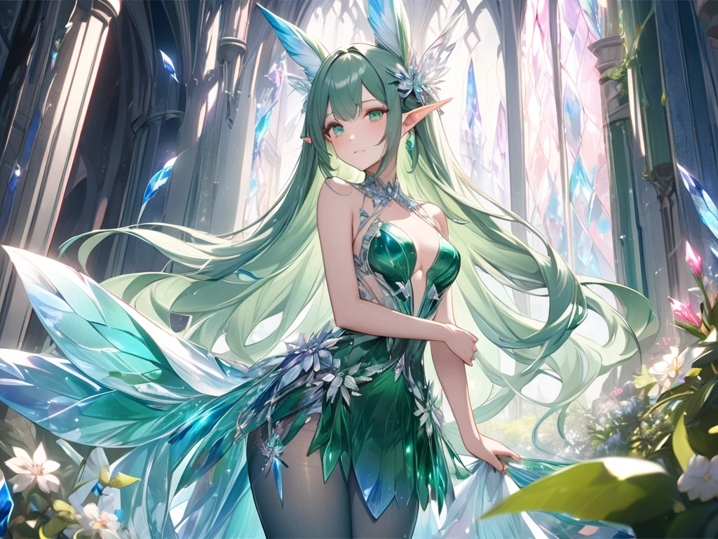 conceptual installation art, (ultra detailed, absolutely resolution, best quality:1.3), 2.5D, fantasy world that combines flower-punk and gem-punk, beauty elf, blonde silky straight hair with blunt bang, (attractive and seductive) and (amorous and lewd) expression, blue big eyes, glamorous proportions, wearing white knight commander costume with a large opening at the chest, background iridescent Tiffany Blue, distorted space from another dimension, delicate and dynamic effects, foggy filter effects, iridescent glitter effects, artistic, hyper, graphic CG digital fantasy art, portrait