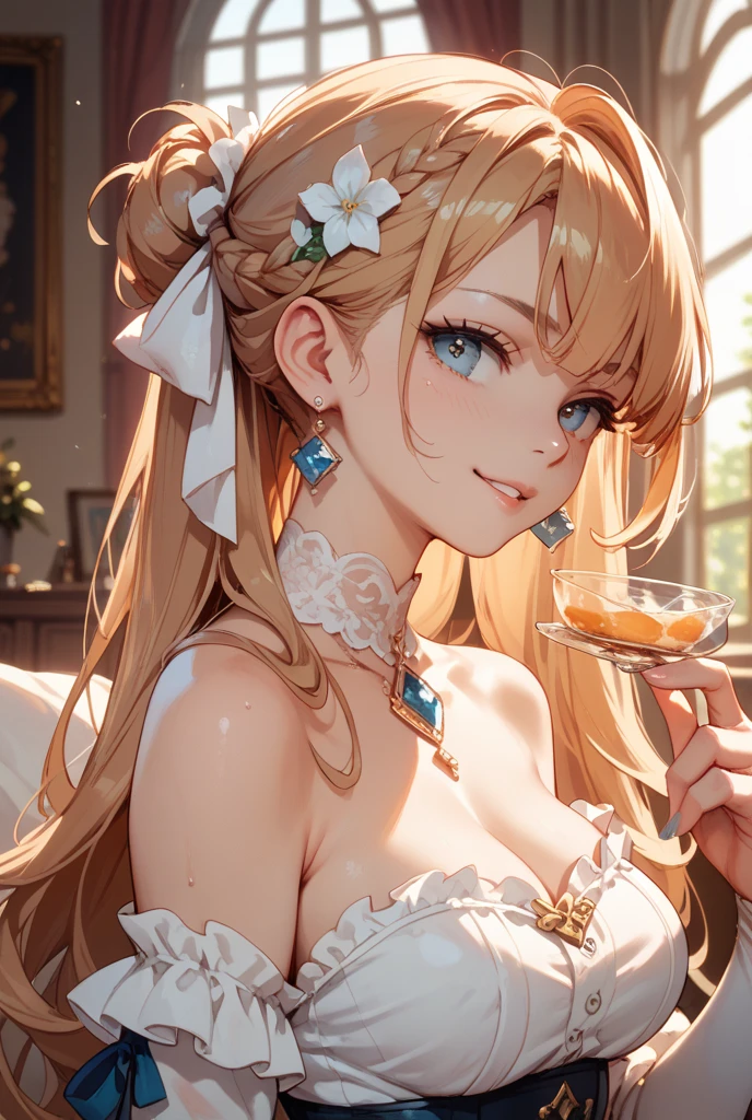 Realistic photos, Focus distance 10mm, Red and white, A big smile, Curly blonde hair, Beautiful girl, Realistic photos, Focus distance 10mmで撮影, masterpiece, 最high quality, high quality, Very detailed CG 8k wallpaper unit, Award-winning photography, Bokeh, Depth of written boundary, High resolution, bloom, chromatic aberration, Realistic, Very detailed, Art Station Trends, CGsociety Trends, Complex, High detail, dramatic, Art on the go, volumetric lighting, In a luxurious tea room、A beautiful girl elegantly enjoying tea。She is dressed like a lady、The surrounding atmosphere is also luxurious.