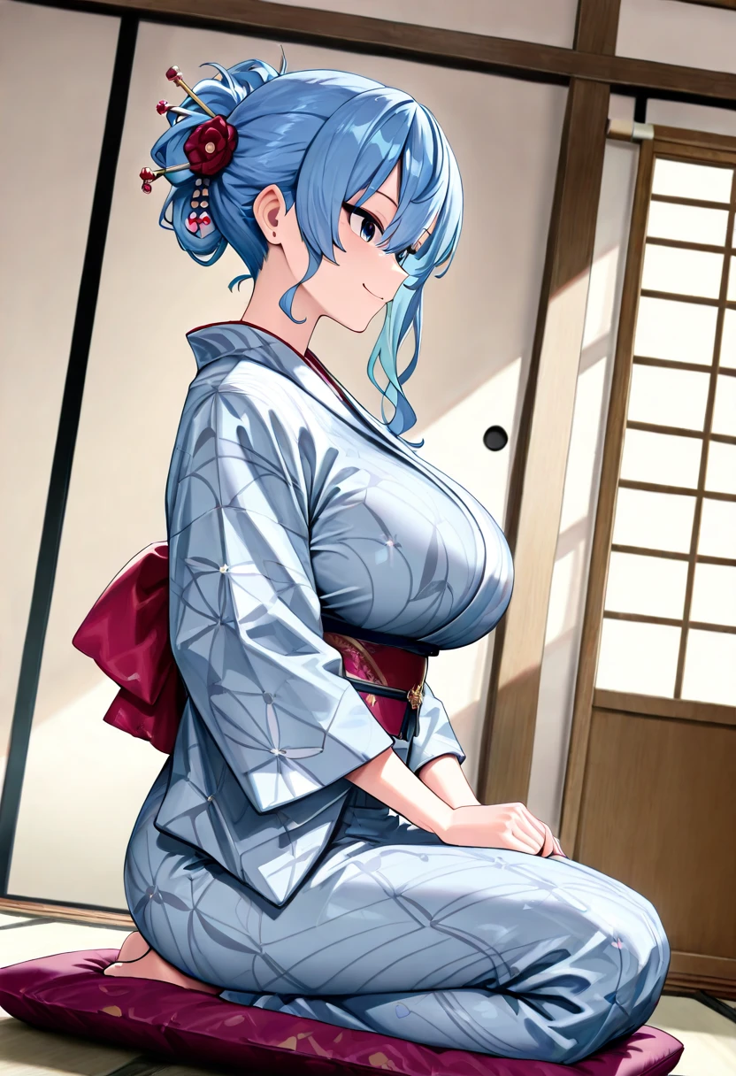 hatunemiku VOCALOID, ponytail, light blue eyes, light blue hair, big breasts, kimono, bedroom,