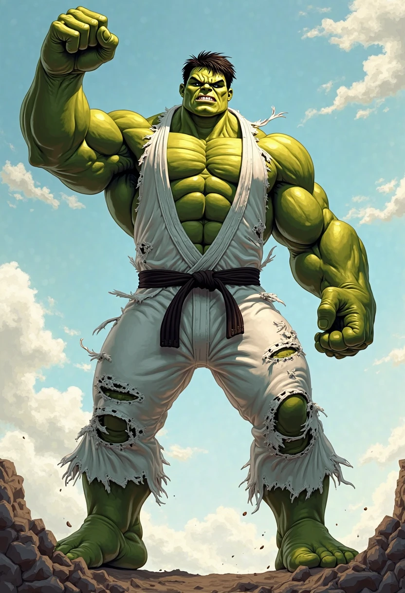HULK WITH THE GREEN BODY, USANDO KIMONO Jiu Jitsu BRANCO , ARM SLEEVES Long and torn , long and RIPPED pants , black Belt, GIANT MUSCULAR, fully body, 90'S DRAWING STYLE