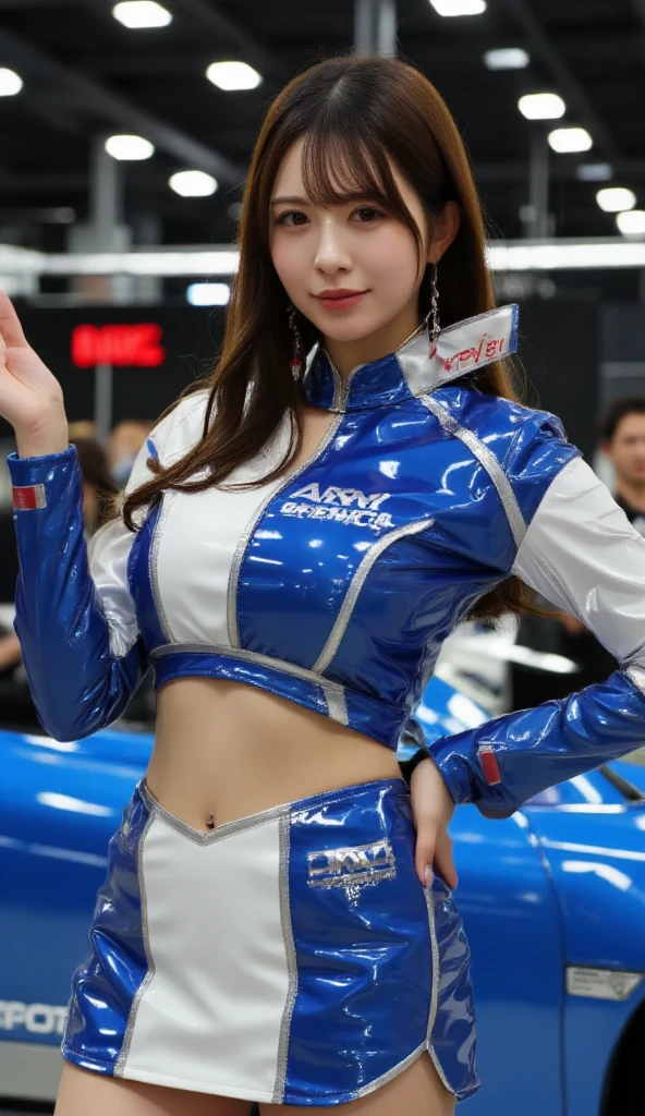 Highly detailed CG Unity 8K wallpapers, Highest quality, Very detailed, masterpiece, Realistic, photo Realistic, Very detailedかわいい, 20-year-old, Anatomically correct fingers、Perfect Fingers、(((Do-it-yourself skirt lift:1.2))), (Lift it yourself), (((Not wearing panties))、((blush)), ((Gaze Here))、(((Confused expression:1.4)))、((Shiny white enamel racing girl costume:1.2))、Pleated mini skirt、Japan、motor Show、Convention Hall、Beautiful lighting、Jet Black Hair、Long Hair、(showing vagina yourself)、((Enamel costume))、((Shiny Costume))、Plump thighs、(((pubic hair)))