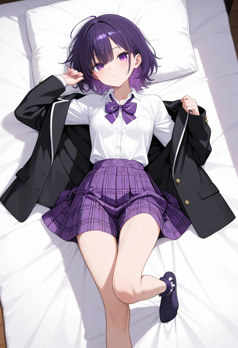 highest quality, masterpiece, High resolution, (Head to toe full body view), Front view from slightly below, Symmetrical Configuration, Precisely balanced construction for the entire body、18-year-old, Slim and beautiful girl, alone, (Small breasts), (No shoes),Messy Hair, bangs, (black tights), (Black Pantyhose), (Sit on the floor with your legs open), (Spread-legged pose on bed), Both arms are tied behind one's back, (A composition showing white panties), (Her legs were spread、White panties are visible.), (Mouth open with a painful expression), blush, Shy big eyes, Looking at the camera, Blazer uniform, Checkered Pleated Skirt