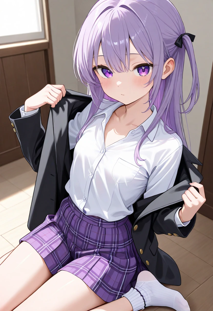 (masterpiece:1.2, Highest quality, Ultra-high resolution, Super detailed), (Realistic, photoRealistic:1.4), Beautiful illustrations, (Natural Side Lighting, Cinema Lighting), 
View your viewers, whole body, 1 girl, Japanese, high school girl, Perfect Face, (Perfect ???????), Cute and symmetrical face, Baby Face, Glowing Skin, thin, 
(Long Hair:1.5, Boyish short cut:1.5, Light purple hair), Swept-apart bangs, Golden Eyes, Droopy eyes, Big eyes, Long eyelashes, (Medium chest), 
Beautiful Hair, Beautiful Face, Beautiful attention to detail, Beautiful clavicle, Beautiful body, Beautiful breasts, Beautiful thighs, Beautiful feet, Beautiful fingers, 
((Detailed cloth texture, Long sleeve light brown cardigan:1.4, Light grey pleated skirt, White collared shirt), Dark red tie, White thigh high), 
(Beautiful views), Daytime, (Downtown) sit, (spread knees), (Smile, Open your mouth), spread legs,lifted her skirt:1.5,She lifts her skirt to reveal her white underwear、Stand on both knees