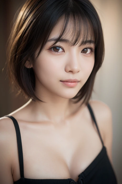 8k, high quality, Realistic Photographic Images, , Japanese women, Neat, small, Natural and realistic eyes, Beautiful black hair, short hair, light makeup, Octane Rendering, Beautiful lighting, Golden ratio composition, smile, Casual wear, Casual clothing, Natural background, Blurred Background , freckle face , breast enhancement