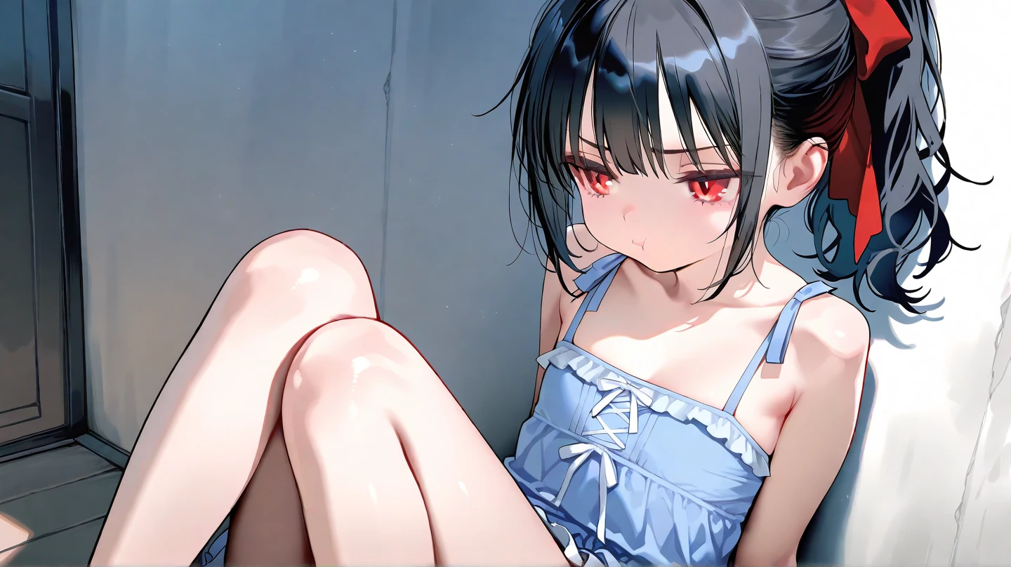 Hands Behind Back,Tied with hands behind back,from front,front view,looking at viewer, looking ahead,from above,cowboy shot,1girl,Beautiful 11 year old girl,Japanese,Slender,,low length,Small breasts,Thin legs,Small Ass,Baby Face,Small face,Black Hair,one side up,Gray Eyes,Drooping eyes,middle School girls,Collar with leash,Sheer black and pink negligee,Sexy Lingerie,open mouth,tongue out,front face,Kneeling,Straight Stand,Beautiful and detailed anime art,Desire expression,crave,Sexy vibe,cum on tongue,Dimly lit room,On the bed,Simple Background,Gray background,Low lighting,