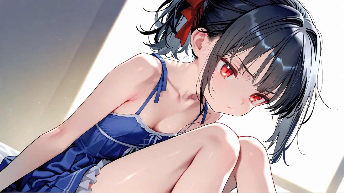 Kneeling,Straight Stand,Bind both hands with ropes,finger to mouth,open mouth,tongue out,cum on tongue,1girl,((((12-year-old girl)))),Short,slender,small breasts ,front face,from front,front view,looking at viewer, looking down,(from above:2.0),cowboy shot,Black Hair,Short Twin Tails,Gray Eyes,Drooping eyes,slit pupils,narrow eyes.Mischievous smile,Sheer black and sky blue negligee,Sexy Lingerie,garter,Collar with leash,Dimly lit room,Gray wall,On the bed,Dim lighting,Beautiful and detailed anime art
