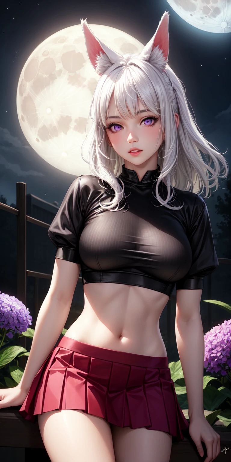 realistic, 1girl, white hair, Blue eyes, glowing eyes, skin tight red crop top, Loose pink skirt, parted lips, blush, night, flowers, sun, sunlight,