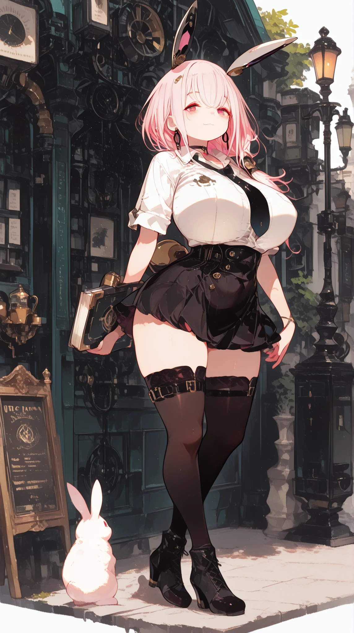 (masterpiece, highest quality), (very detailed, highest quality, official art, beautiful and aesthetic: 1.2), geometry art , ub1mo, leaf hair girl, (1 Rabbit girl) , full body ,rabbit ears , curvy, huge breasts , pink hair , medium length hair , (half closed eyes:0.8) , smile ,black short skirt, white short sleeve dress shirt, Holding a book ,necktie , Choker ,hoop earrings ,(Distinctive eyes, (+-+):1.1) , high resolution photography,dream scene,minimalist sculpture art installation, Steampunk, Street lamp light, Warm white , Background Black, Cafe, clerk