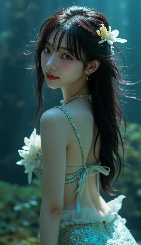 Fashion photography, image of blue human avatar, In the lush blue forest with flowers and birds, 3D rendering, CGI, symmetrical, Octane Render, 35mm, Bokeh, (complicated details:1.12), HDR, (complicated details, very detailed:1.15), (The skin texture is natural., Surreal, soft light, sharp:1.2)