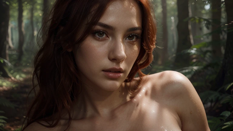 Emma watson, solo, 24 years old, photo realistic, topless, wet pussy, big breasts, horny face, celestial forest, sunshine, pink sky, pastel colors