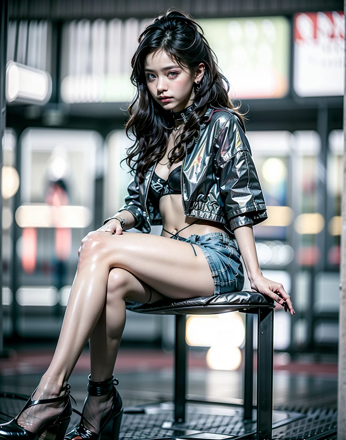 $masterpiece$,best quality, 8K,realistic photo,RAW photo, expressive eyes, perfect face,Front,A asian beautiful girl with flowing hair in shades of golden and blavk, wearing a holographic bomber jacket reflecting the spectrum of colors, white spaghetti strap crop top,ultra-short denim hot pants, and knee-high golden platform boots,She is kneeling on one knee on a floor illuminated by shimmering neon lights,