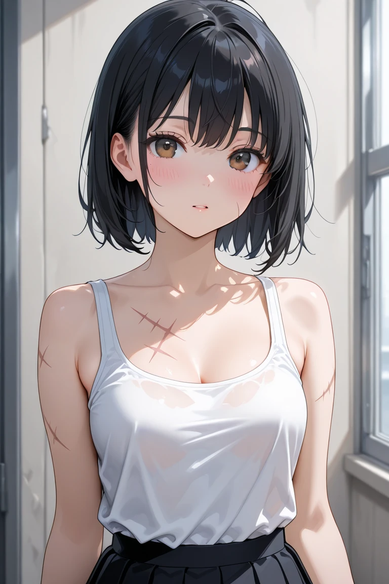 1 girl,upper body,black hair,stand,straight-on,red and blackeyes,masterpiece, best quality, very aesthetic, absurdres,shirt,(bra)