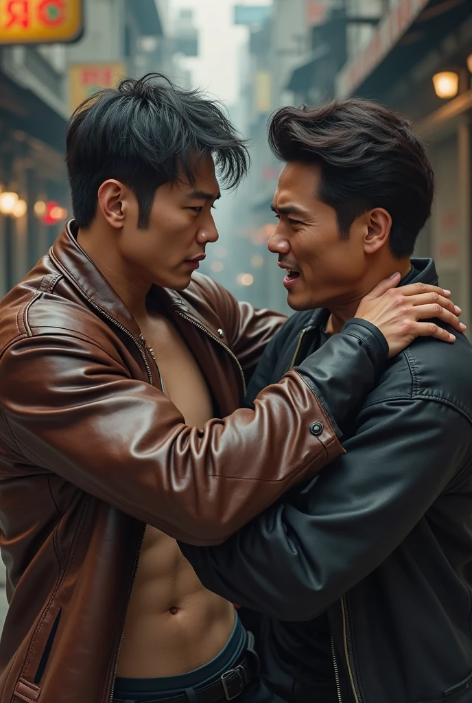masterpiece, Best Quality, two men, handsome athletic well-dressed 30 year old japanese mafia gangster Man hugging a muscular 30 year old muscular taiwanese hawker man, directly staring at each other romantically, hands stroking face, gentle smile, soft hair, exposed chest, full body, telephoto, super sharp focus, photorealistic, perfect hands, perfect fingers, perfect face, perfection, creative artistic framing, creative artistic angle, hongkong in the 70s setting, cinematic lighting, sexy, gay, homoerotic, scene evokes beautiful emotions of immense love and nostalgia, nostalgic, vintage photography, intricate details, highly detailed, rule of thirds, golden ratio, fill frame