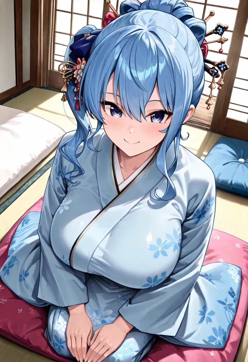 hatunemiku VOCALOID, ponytail, light blue eyes, light blue hair, big breasts, kimono, bedroom,