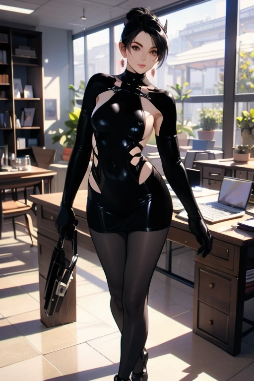 inside a high tech control room with many monitors and screen, bared legs, wearing black suit and mini tight skirt, a girl with calm and rational personality, demonstrating a loyal and efficient approach to her tasks, human-like aspect to her, possess emotions and empathy, leadership and cooperation would be crucial traits for her in order to support the mercenaries effectively, 6-foot-tall mechanical being with a silver metallic exterior, boasts a futuristic design, sports data control gloves on her wrists, with small hardware interfaces on her fingertips, waist carries a belt containing communication devices, hacking tools, and other accessories, 8k, masterpiece, RAW photo, best quality, photorealistic, extremely detailed CG unity 8k wallpaper, Depth of field, Cinematic Light, Lens Flare, Ray tracing, (extremely beautiful face, beautiful lips, beautiful eyes), intricate detail face, ((ultra detailed skin)) 1girl, in the dark, deep shadow, pretty korean girl, kpop idol, 1 girl, (very slim slender fit-muscled body:1.3), ((looking at viewer)),(big smile:1.3), (fashion city night, dark night, (neon sign), (blurred background), fashion street night),(without people in the background:1.3), beautiful earrings, bracelets, necklace, pantyhose, clear eyes, walking, (pale skin), (big eyes), face forward, (brown hairs), (full body shot), ((silk hot ruby red color dress:1.3)), ((tight fitting dress)), ((laced dress)), (looking at viewer:1.3) open breast, very slim, medium breasts, turning back, (back shot), ass focus, brow front,(tight dress), thick thighs
