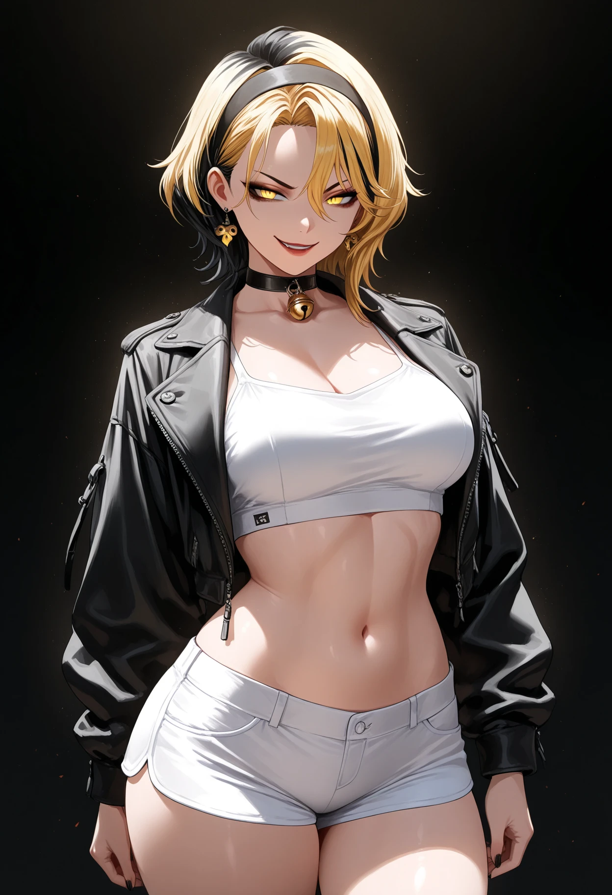 corpo todo, maquiagem, mascara, Lips are soft or colored, fundo preto simples, minimalismo, two girls, 25 years old, monotone, dress, vestido, simple dress paletas de cores simples, limpo, Crisp drawings, silhuetas fluidas, punk, cropped jacket, dark violet blouse, black high-waist skirt, Rocha, Saia, Asymmetric, geometric, Simple and minimalist accessories, athleisure wear, athletic top, Necklaces and thin rings in silver or gold, Pulseiras simples, plan clothes, Designs diferentes, silhuetas simples, Estilo Diesel, garota punk, ((gold chain)), gold jewelry, simple, minimalismo, materiais de alta qualidade, Fresh and urban printing, alta moda, Moda punk, camisa de banda, cor preta, sexy, moda oversized, roupa larga, aspecto, platinum blonde hair, pale skin, large breasts,
