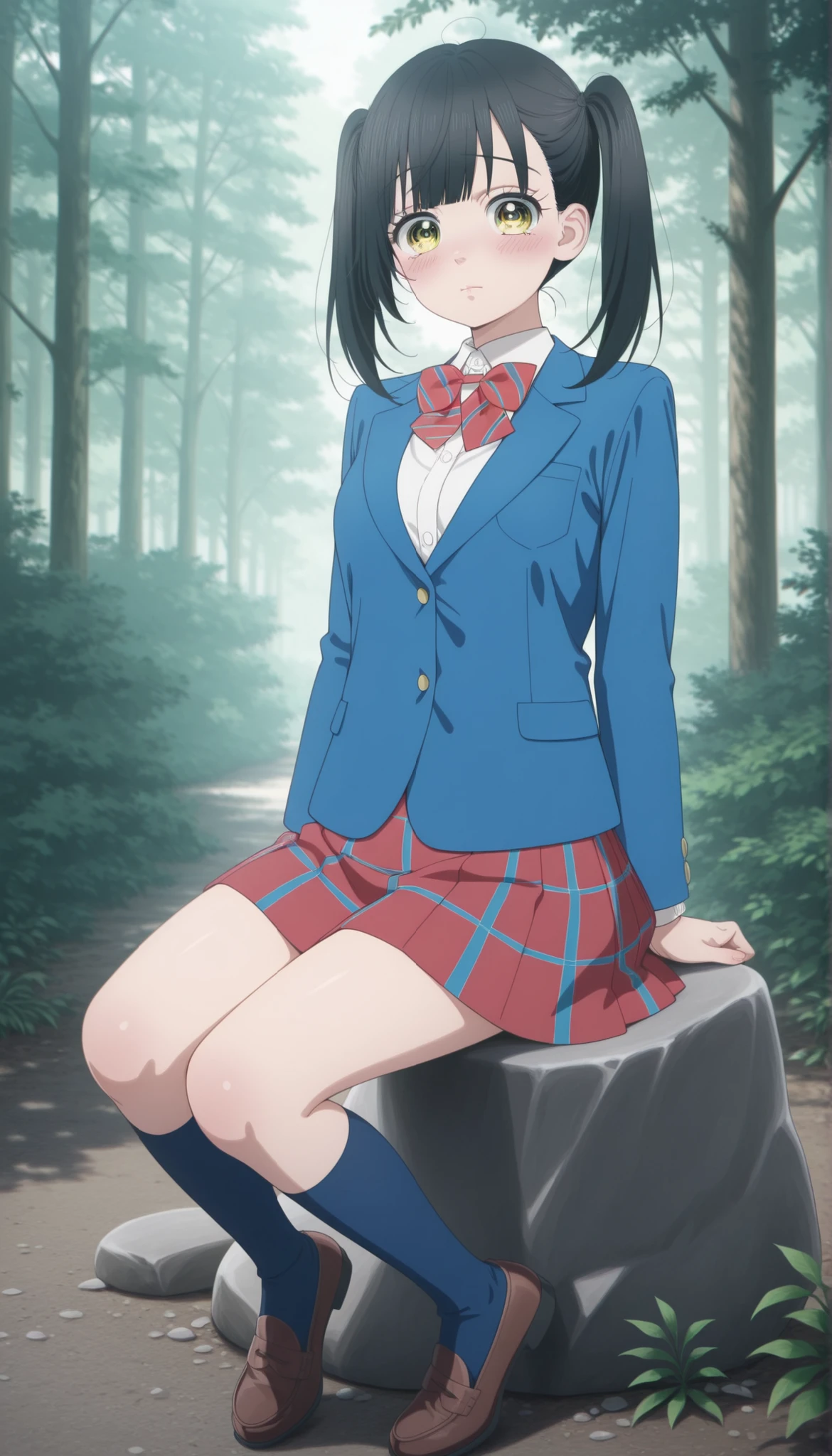  masterpiece, best quality, 1girl, solo, looking at viewer ,black hair, twintails hair,yellow eyes, long hair, school uniform, white shirt, collared shirt, long sleeves, red bowtie, red skirt, blue skirt ,blue jacket, natural face, blushing,striped bowtie,plaid skirt, pleated skirt, blue kneehighs ,outdoor ,forest , glossy lips, closed mouth,sitting on stone, model posing ,full body ,large breast 