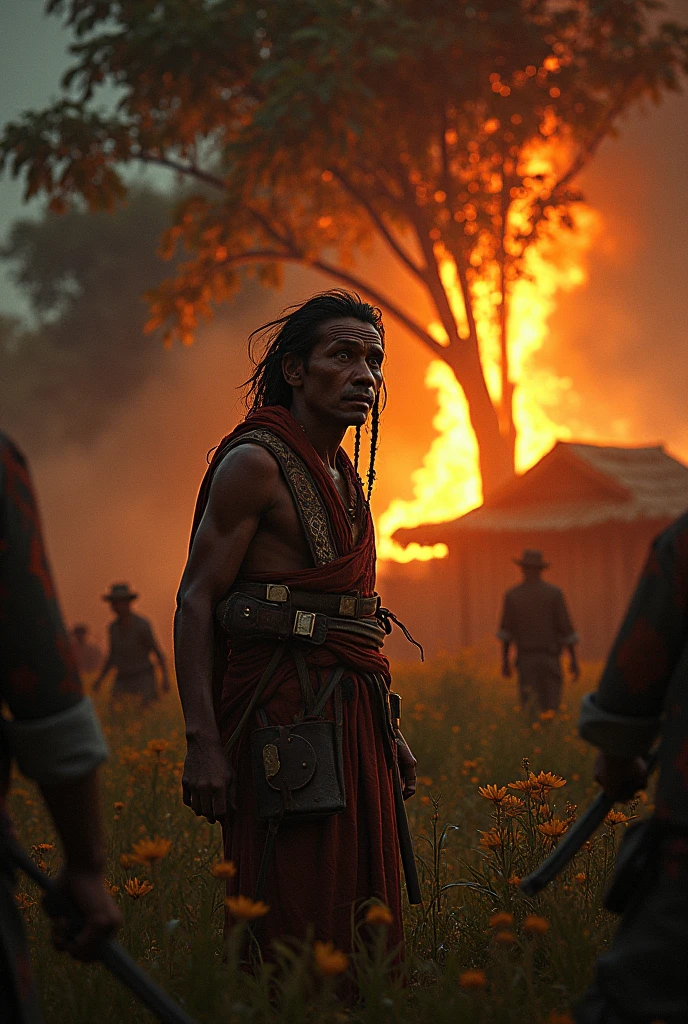 An Indonesian hunter stares at a burning wooden house with monsters in the forest during the day. 8k