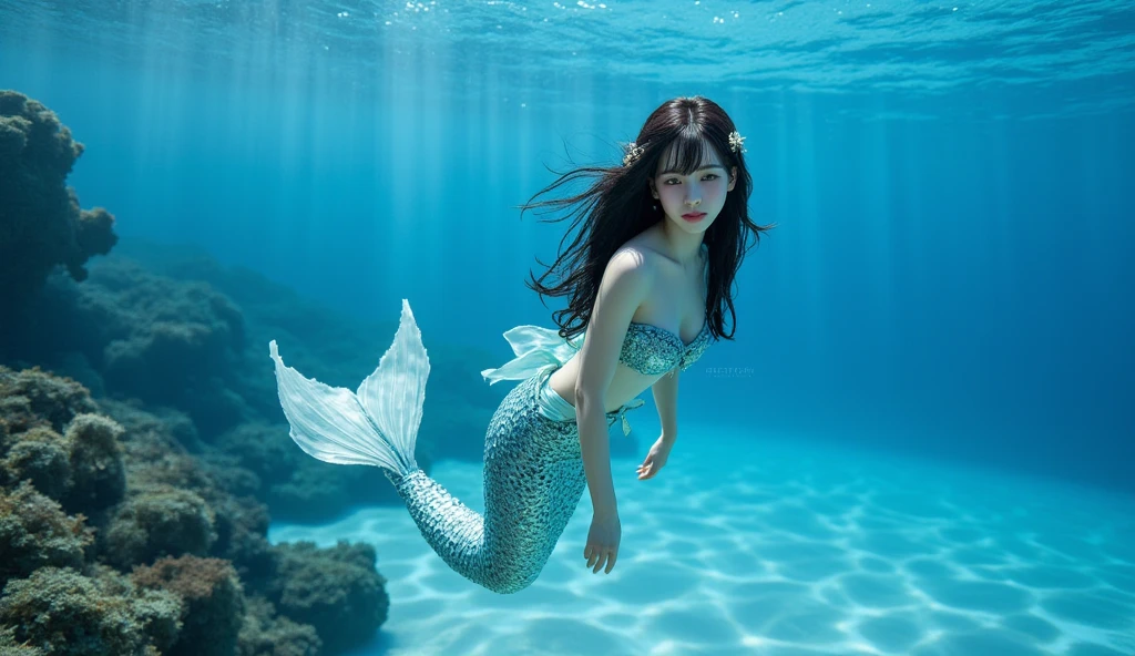 8K、Girl dressed as a mermaid Underwater - Sea、mermaid、14-year-old beautiful girl、Slightly baby-faced