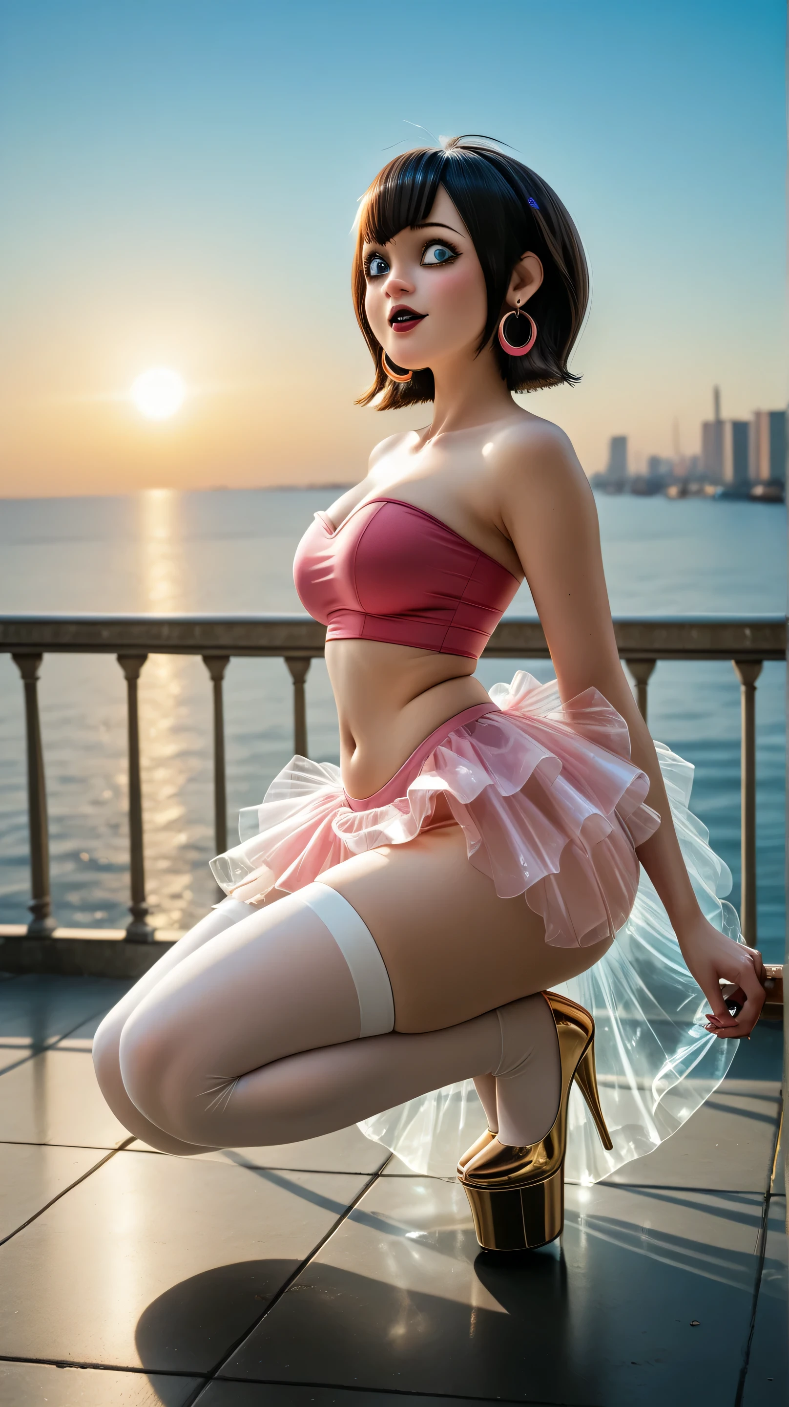 score_9, score_,Above 8,focus,, absurdres, highres, illustration,
a girl, And_VisVamp ,their breasts are huge,volutous breasts,Small pink thong , big thighs,large hips well defined buttocks,
high stockings, belly button, jewelry, earrings, abdomen, Crouching shows breasts,(strapless top),(strapless top blanco), ( on the back showing its transparent sky blue miniskirt)(transparent pleated tutu with the sun), Showing buttocks sideways,
fondo blanco,