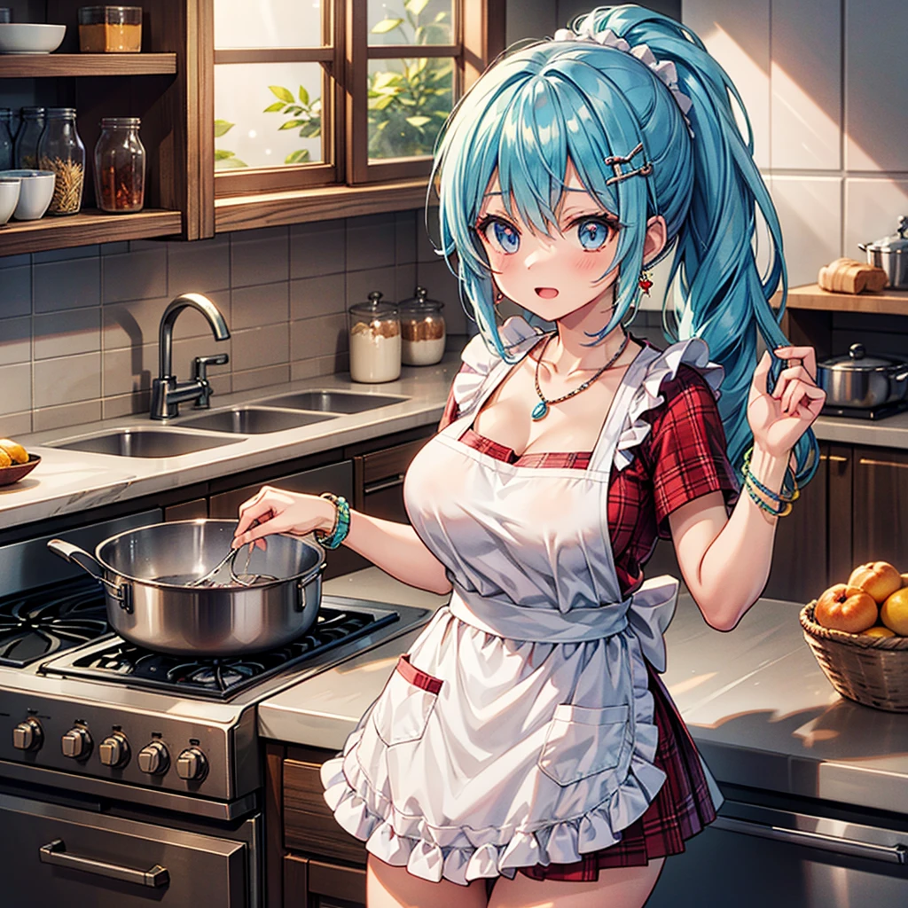 highest quality, highest quality, High-quality illustrations, masterpiece, Ultra-high resolution, Detailed Background, Detailed Background,Ketchup making、Light blue long hair、beautiful girl with twin tails、A lot of tomatoes in the pot、Ketchup making with boiling chibi characters、Bright kitchen