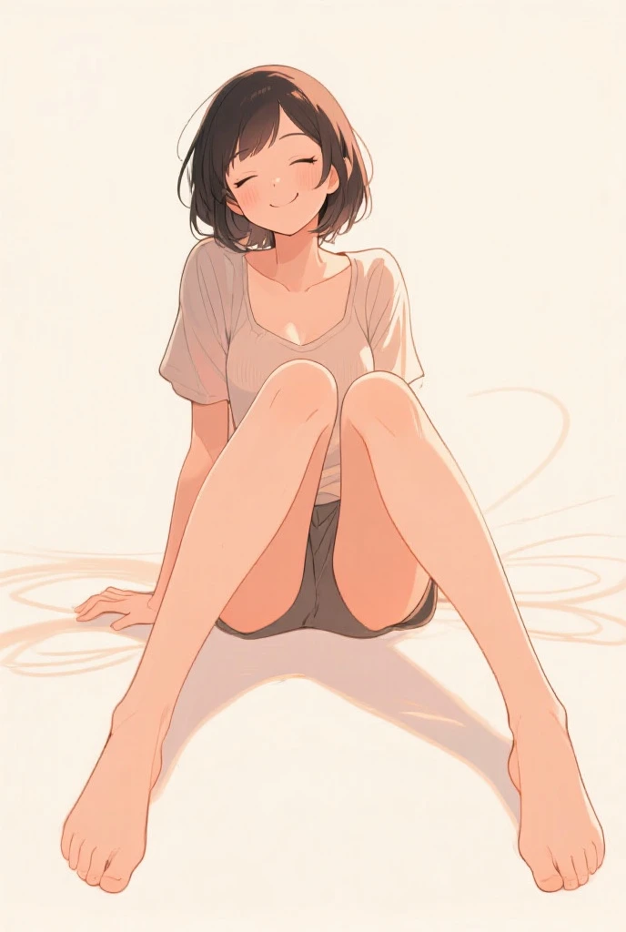 ((Medium Shot)), beautiful girl, slender, very short brown hair, wear a white long-sleeved T-shirt, white bikini panties , Perfect hands, Perfect body, put her feet on the table., barefoot, The eyes out of sight , ((Exquisite detail)), Very finely crafted fingers(((10 fingers))), , (Full-body showcase), (Show your whole body), (No logos on background), (No logo), ((Plain background)), ((Plain background)), bare foot, The camera frame is taken from below.,