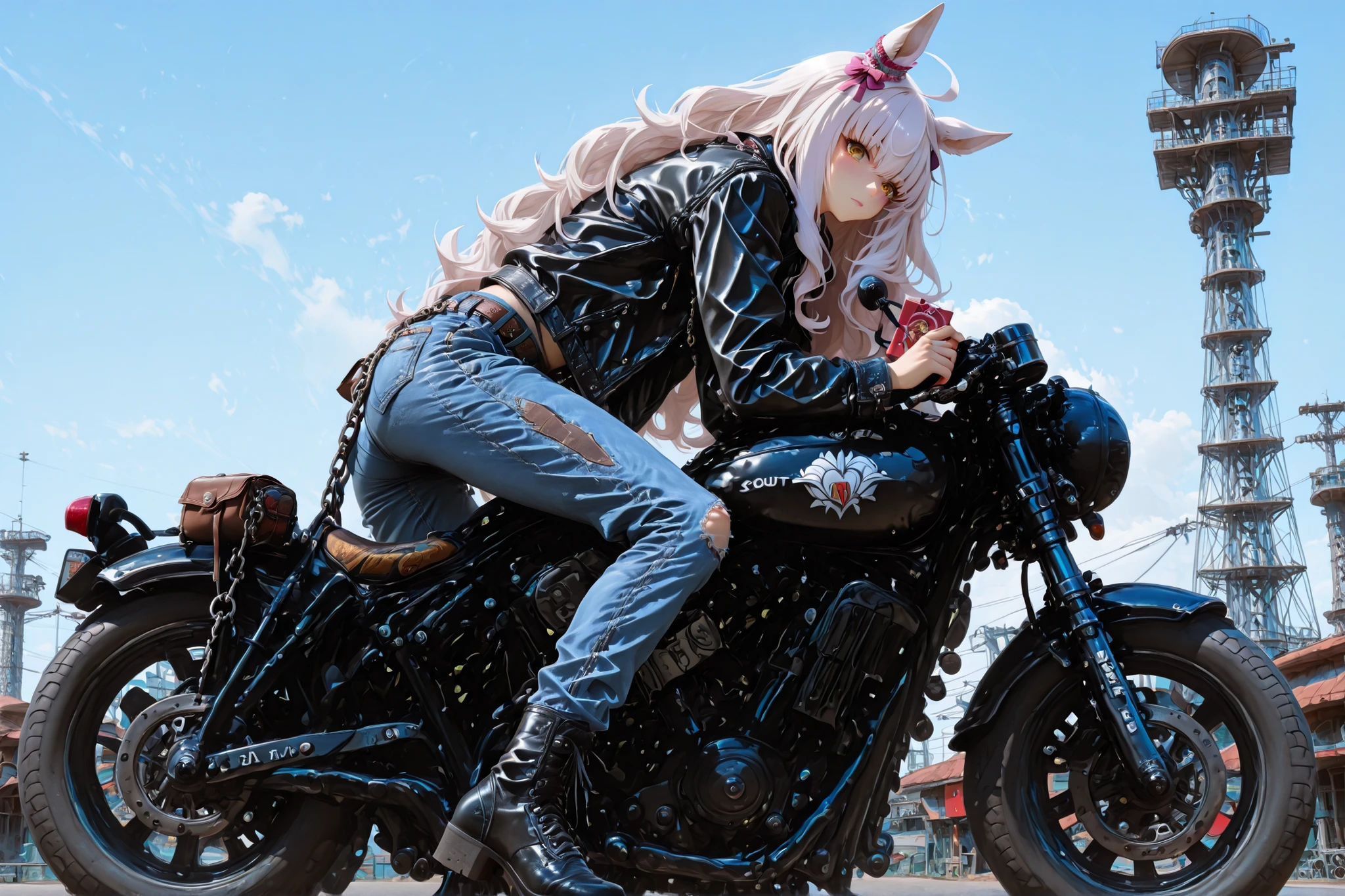傑作、biwa hayahide(uma musume), yabuki、高品質、8K、1人の女の子, Scout Bobber, Leather jacket, denim pants, wallet chain, ride motorcycle, factory background