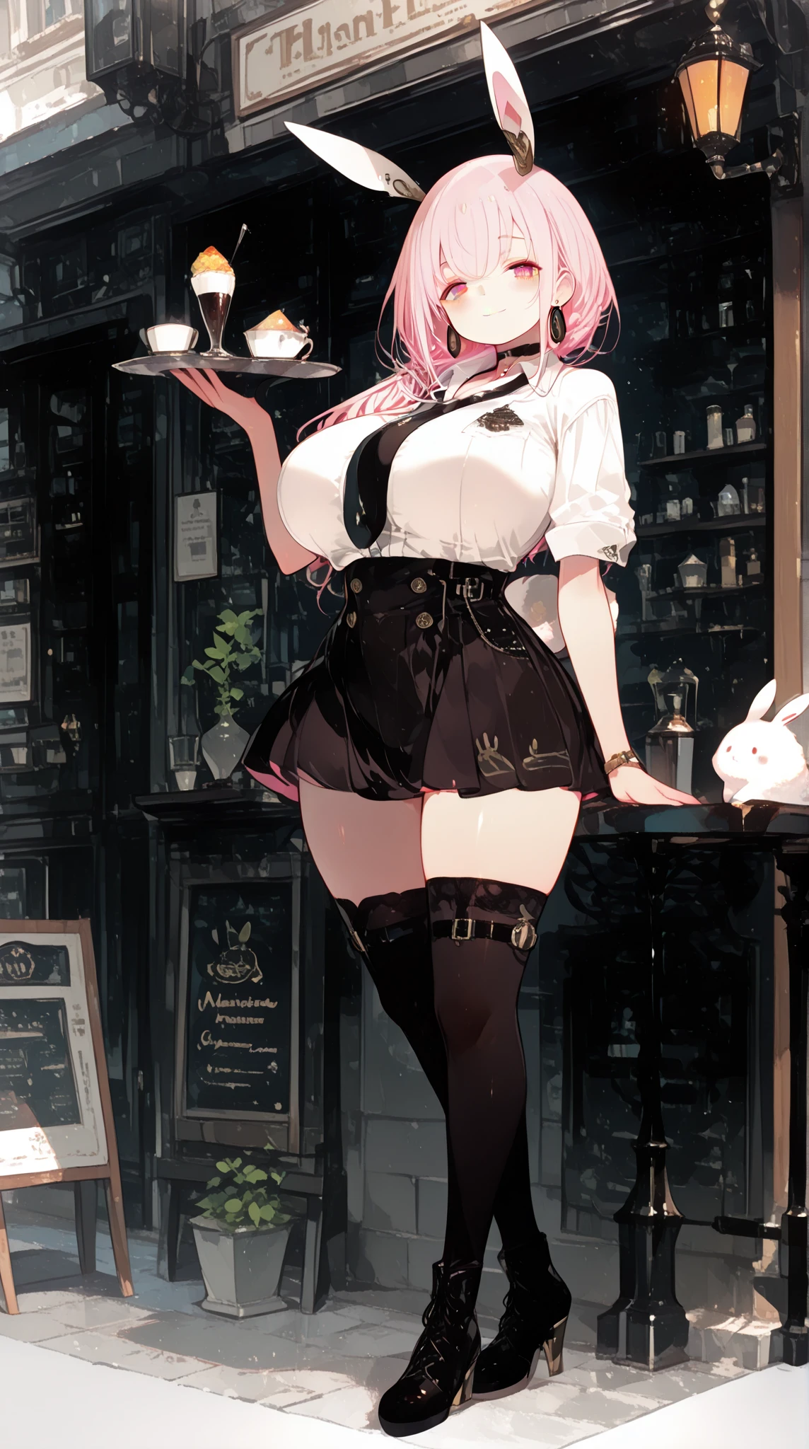 (masterpiece, highest quality), (very detailed, highest quality, official art, beautiful and aesthetic: 1.2), geometry art , ub1mo, leaf hair girl, (1 Rabbit girl) , full body  ,rabbit ears , curvy, huge breasts  , pink hair , medium length hair , (half closed eyes:0.8) , smile ,black short skirt, white short sleeve dress shirt, Hold the tray ,necktie , Choker ,hoop earrings ,(Distinctive eyes, (+-+):1.1) , high resolution photography，dream scene，minimalist sculpture art installation, Steampunk, Street lamp light, Warm white , Background Black, Cafe, clerk