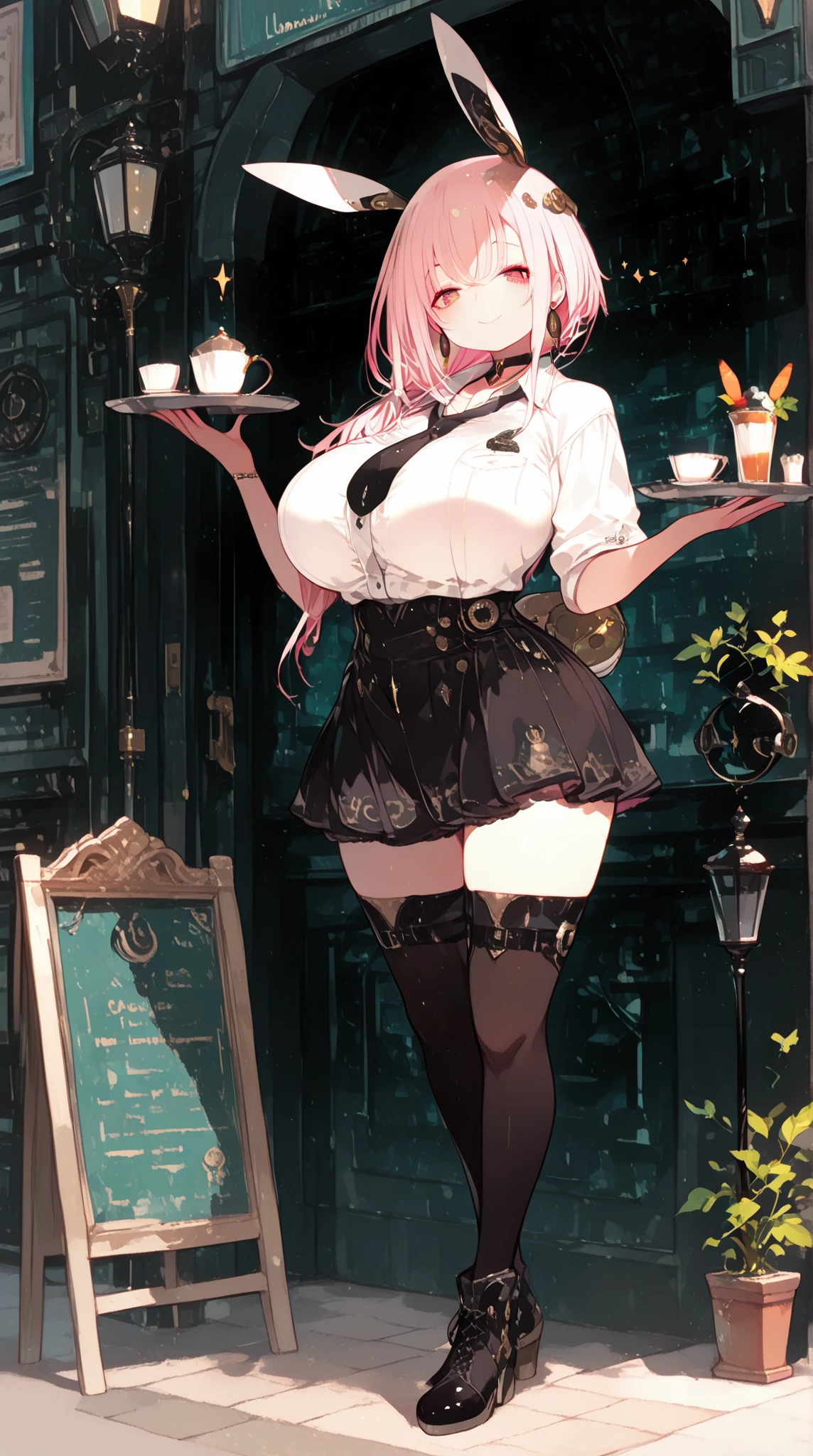 (masterpiece, highest quality), (very detailed, highest quality, official art, beautiful and aesthetic: 1.2), geometry art , ub1mo, leaf hair girl, (1 Rabbit girl) , full body ,rabbit ears , curvy, huge breasts , pink hair , medium length hair , (half closed eyes:0.8) , smile ,black short skirt, white short sleeve dress shirt, Hold the tray ,necktie , Choker ,hoop earrings ,(Distinctive eyes, (+-+):1.1) , high resolution photography,dream scene,minimalist sculpture art installation, Steampunk, Street lamp light, Warm white , Background Black, Cafe, clerk