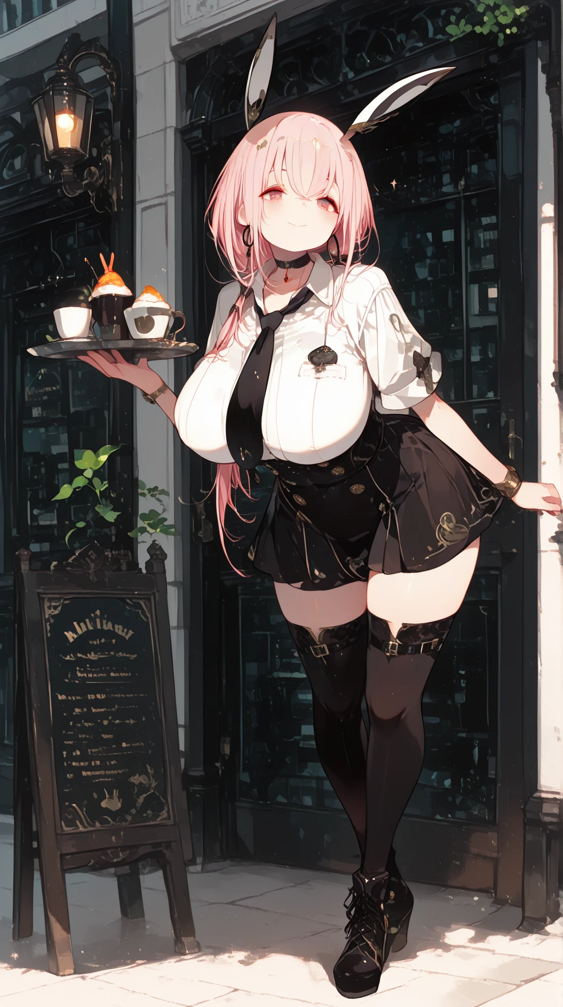 (masterpiece, highest quality), (very detailed, highest quality, official art, beautiful and aesthetic: 1.2), geometry art , ub1mo, leaf hair girl, (1 Rabbit girl) , full body ,rabbit ears , curvy, huge breasts , pink hair , medium length hair , (half closed eyes:0.8) , smile ,black short skirt, white short sleeve dress shirt, Hold the tray ,necktie , Choker ,hoop earrings ,(Distinctive eyes, (+-+):1.1) , high resolution photography,dream scene,minimalist sculpture art installation, Steampunk, Street lamp light, Warm white , Background Black, Cafe, clerk